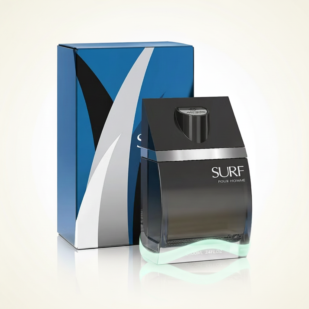 Mirada Surf Pour Homme 100 ml Eau de Parfum para hombre, presentación profesional con fondo claro y reflejo acuático