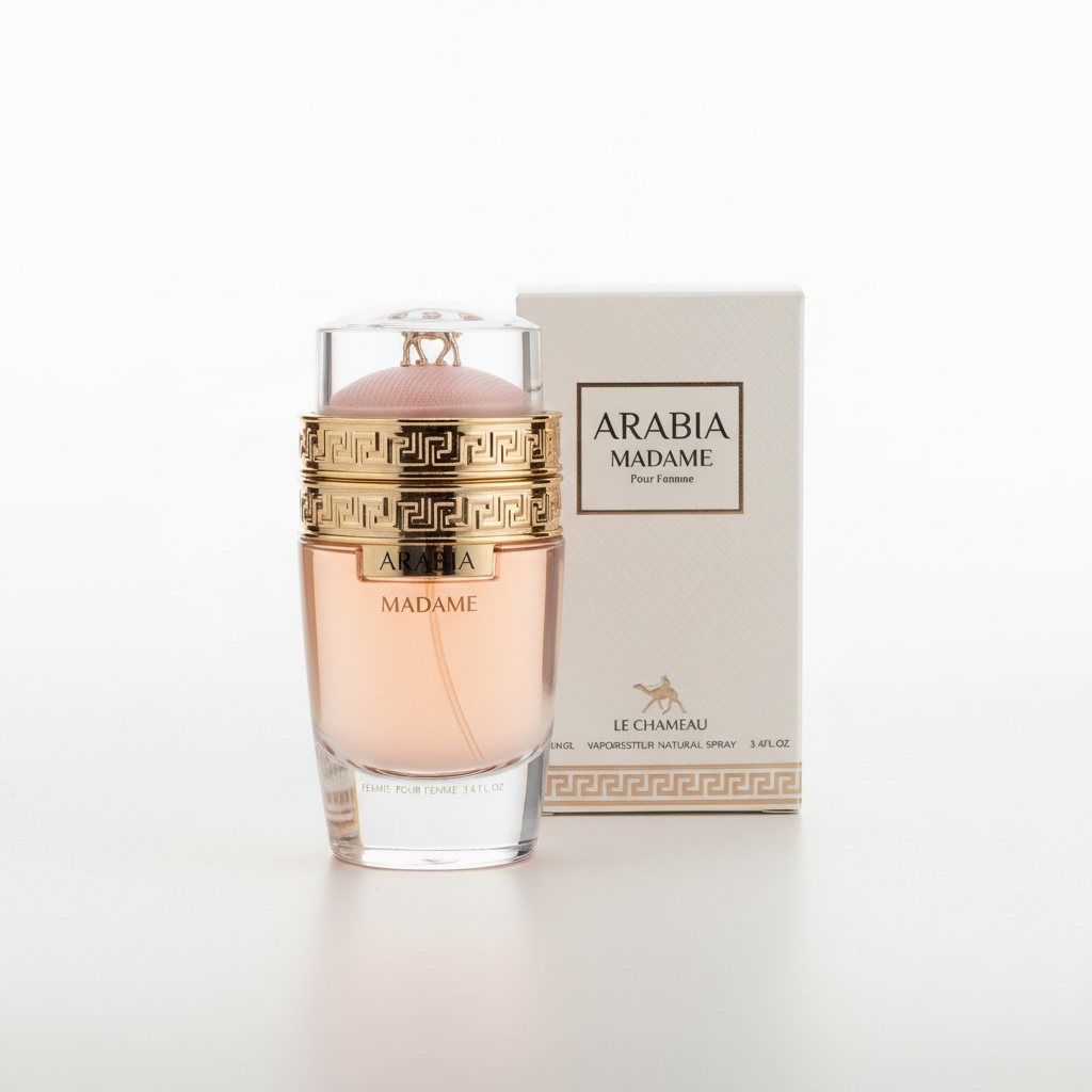 Arabia Madame 100 ml con su caja sobre fondo blanco profesional