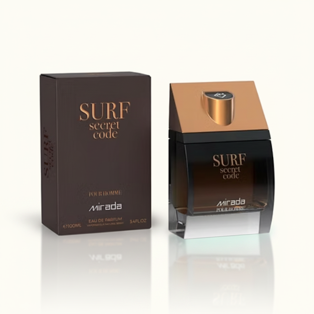 Mirada Surf Secret Code 100 ml Eau de Parfum, foto profesional con fondo claro y reflejo acuático sutil