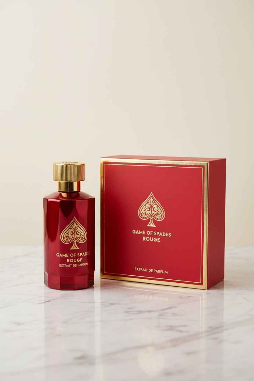 Perfume Jo Milano Game of Spade Rouge con su caja en fotografía profesional de lujo
